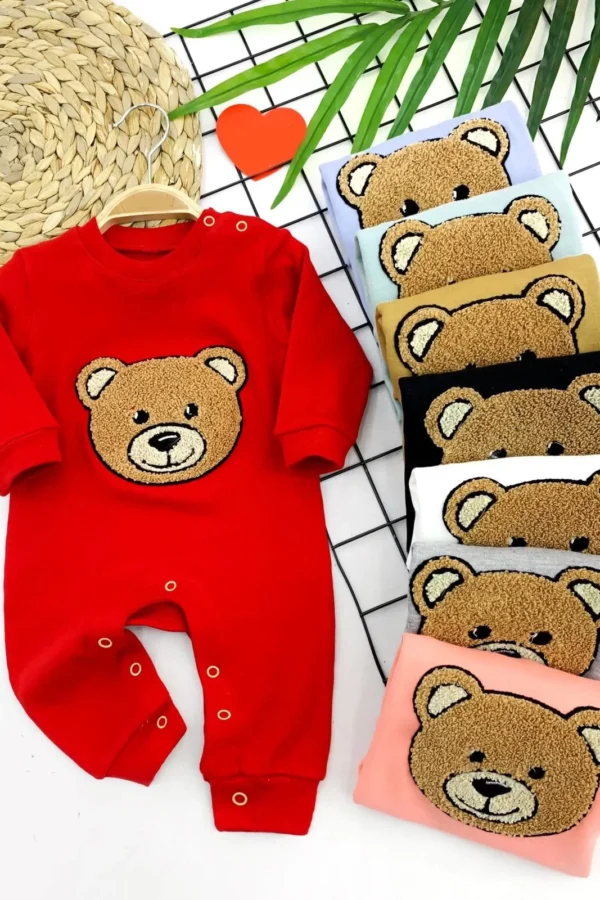 3-6-9-12 Ay Welsoft Ayılı Çıt Çıt Kapama Kız Erkek Bebek Tulum Kırmızı