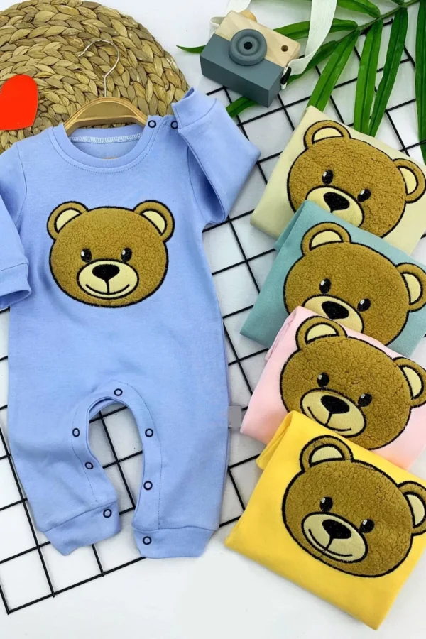 3-6-9-12 Ay Welsoft Ayılı Çıt Çıt Kapama Kız Erkek Bebek Tulum Mavi