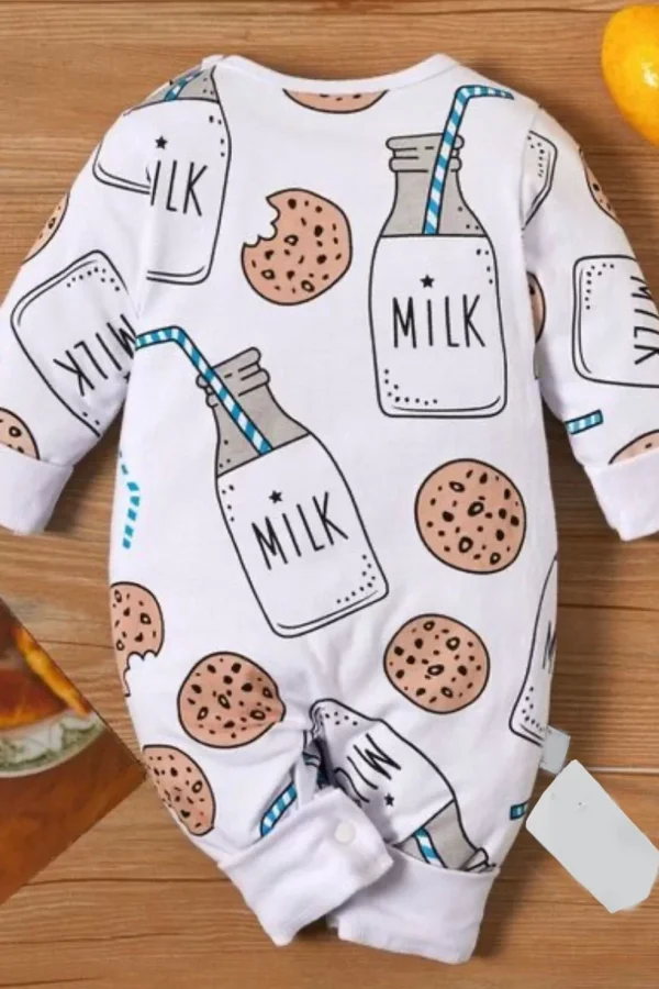 3-6-9-12 Ay Yaka Çıtçıtlı Milk Baskılı Uzun Kollu Kız Erkek Bebek Tulumu Beyaz