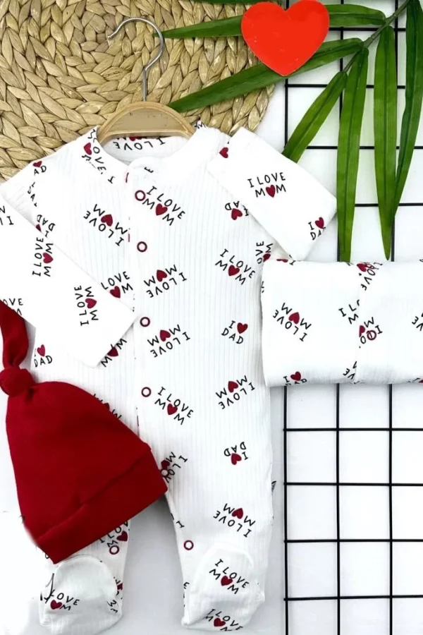 3-6-9-12 Ay Yazı Baskılı Boydan Çıtçıtlı Kuyruklu Şapkalı Uzun Kollu Kız Erkek Bebek Tulumu Beyaz