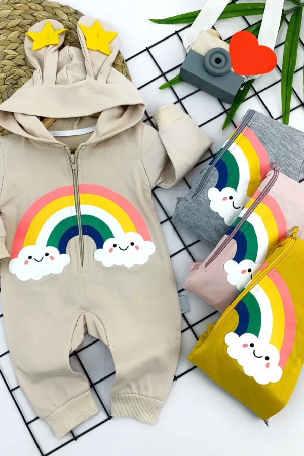 3-6-9-12 Ay Yıldız Kulaklı Gökkuşağı Baskılı Fermuarlı Kız Erkek Bebek Tulum Gri
