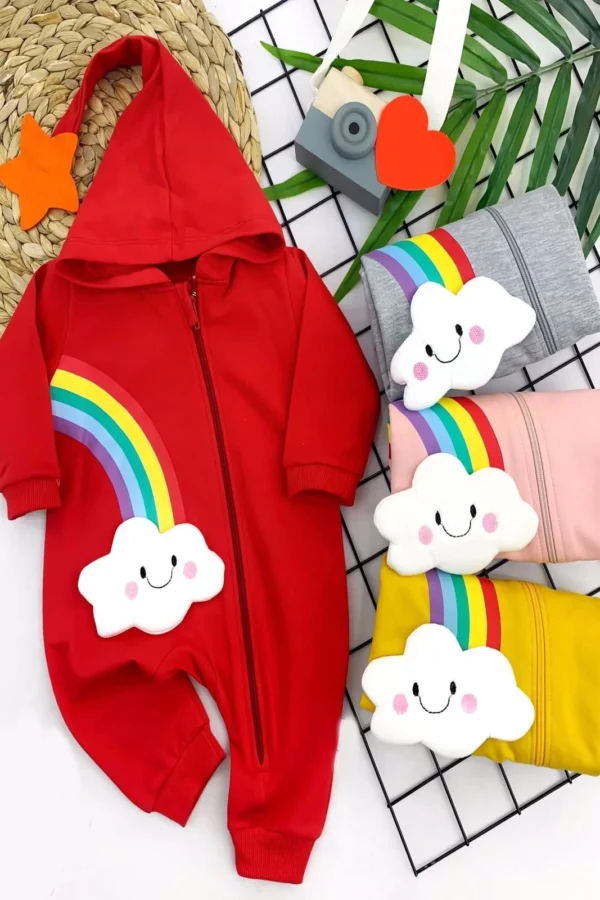 3-6-9-12 Ay Yıldız Uç Kapşonlu Gökkuşağında Kayan Bulutçuk Detaylı Uzun Kollu Kız Erkek Bebek Tulumu Sarı