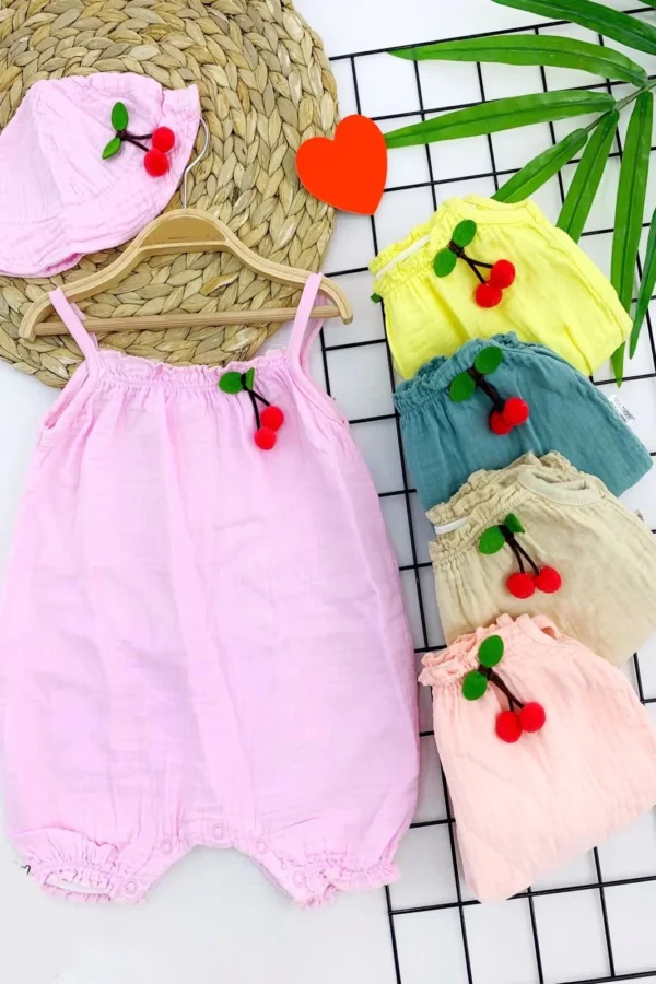 3-6-9-12 Aynefes Alan Organik Kumaş Şapkalı Askılı 2li Kız Bebek Tulum Pembe