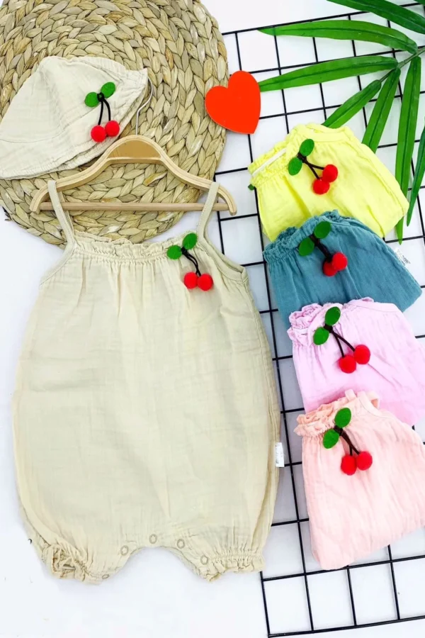 3-6-9-12 Aynefes Alan Organik Kumaş Şapkalı Askılı 2li Kız Bebek Tulum Bej