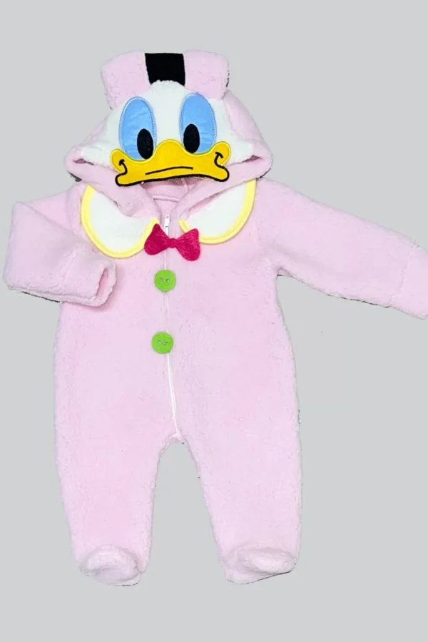 3-6-9 Ay Kuzu Kumaş Minik Duffy Ördek Kapşonlu Fermuarlı Uzun Kollu Kız Erkek Bebek Tulumu Pembe