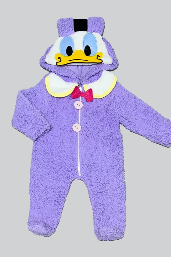 3-6-9 Ay Kuzu Kumaş Minik Duffy Ördek Kapşonlu Fermuarlı Uzun Kollu Kız Erkek Bebek Tulumu Lila