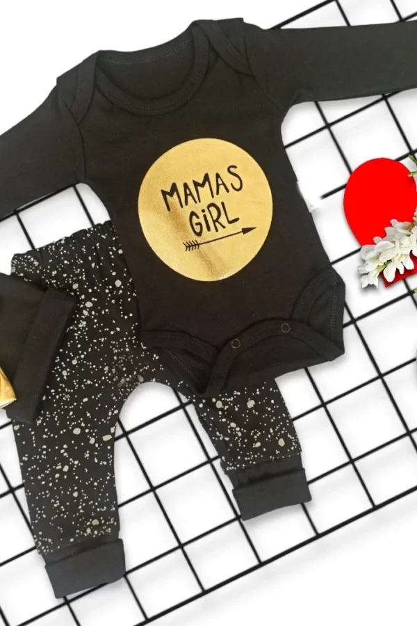 3 Ay Fiyonklu Şapkalı Mamas Girl Baskılı Uzun Kollu 3lü Kız Bebek Takımı Siyah