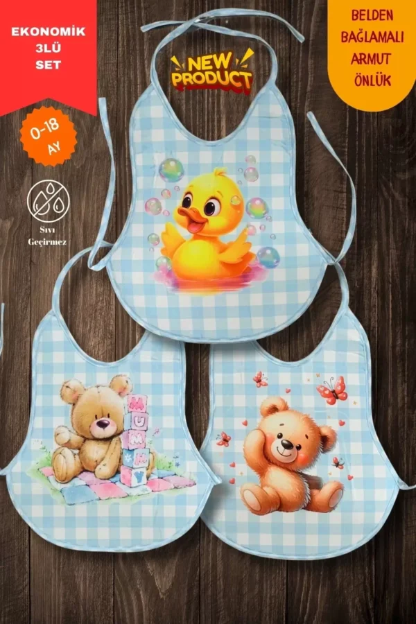 3'lü Set Mavi Ekose Baskılı Ekonomik Sıvı Geçirmez Armut Mama Önlüğü (0-18 Ay)
