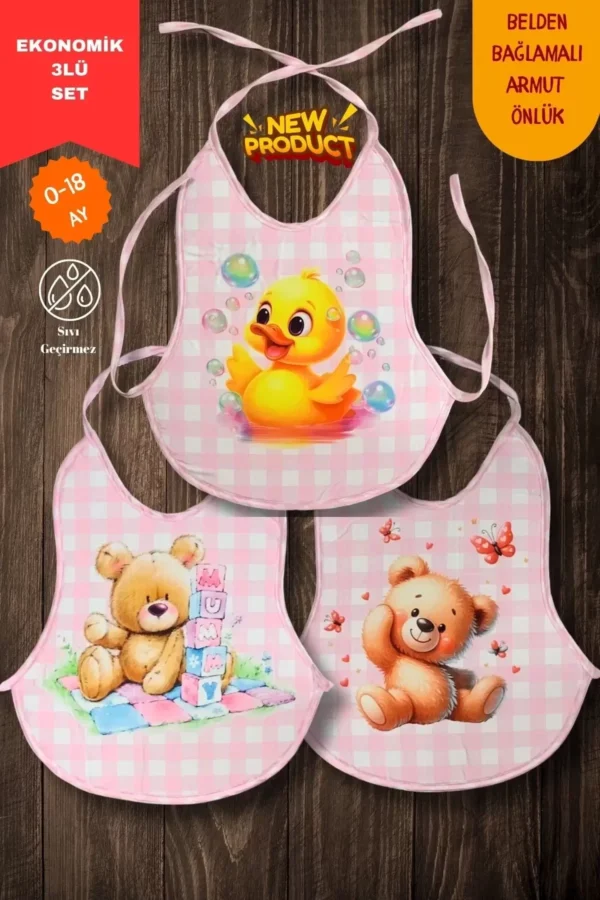 3'lü Set Pembe Ekose Baskılı Ekonomik Sıvı Geçirmez Armut Mama Önlüğü (0-18 Ay)