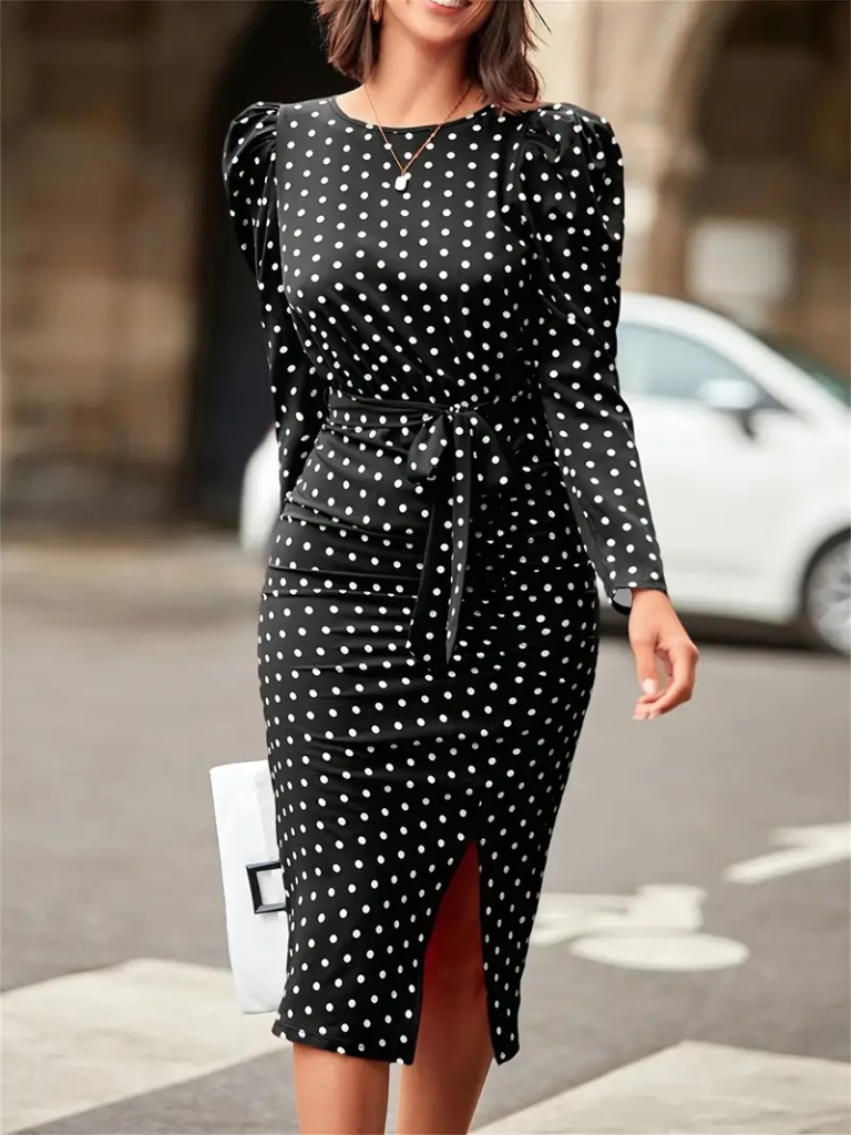 Kadın Uzun Kollu Yuvarlak Yaka Belden Kuşaklı önden Yırtmaçlı örme Krep Elbise - Görsel 2