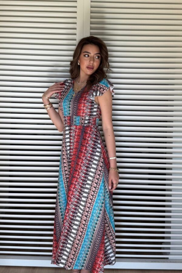 Kadın Kısa Kollu V Yakalı Desenli Yandan Yırtmaçlı Süprem Elbise