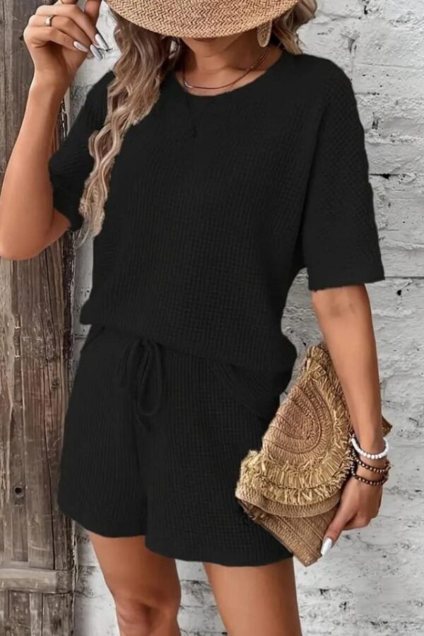 Kadın Kısa Kollu Bisiklet Yaka Alt Ve üst Waffle Ikili Takım