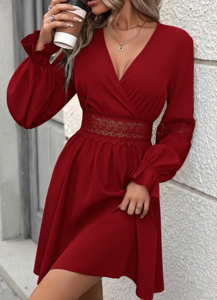 Kadın Uzun Kollu Kruvaze Yakalı Dantelli Fermuar Detaylı Mini Ithal Krep Elbise - Görsel 6