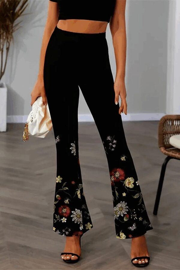 Kadın Yüksek Belli çiçek Desenli Ispanyol Paçalı Dalgıç Tayt Pantolon