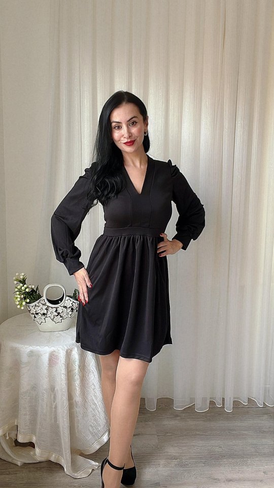 Kadın Uzun Kollu V Yaka Belden Hafif Pileli Scuba Krep Mini Boy Elbise - Görsel 6