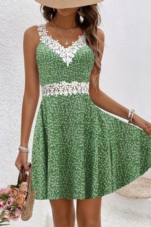 Kadın Askılı Dantel Yakalı çiçek Desenli Süprem Elbise