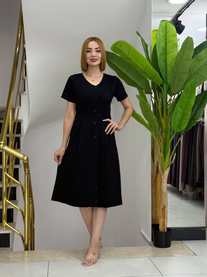 Kadın Kısa Kollu V Yakalı önden Düğmeli A Kesim Dokuma Elbise - Görsel 4