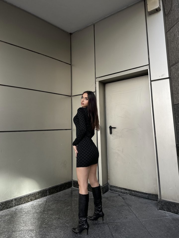 Kadın Uzun Kollu Damla Detay Flok Baskı Dalgıç Mini Elbise - Görsel 8