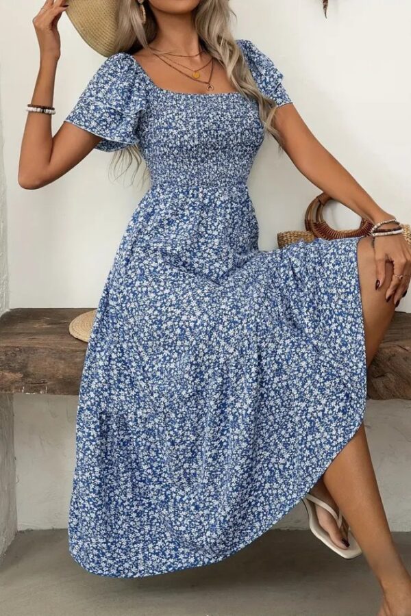 Kadın Kısa Kollu Gipe Detaylı Desenli Midi Süprem Elbise