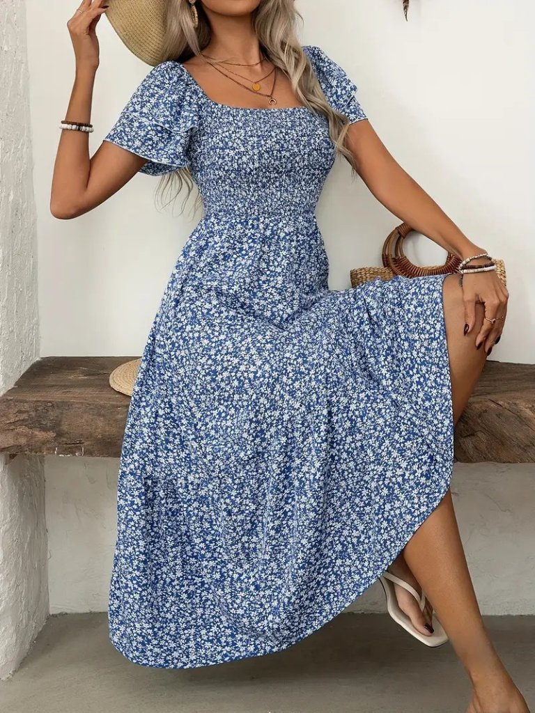 Kadın Kısa Kollu Gipe Detaylı Desenli Midi Süprem Elbise