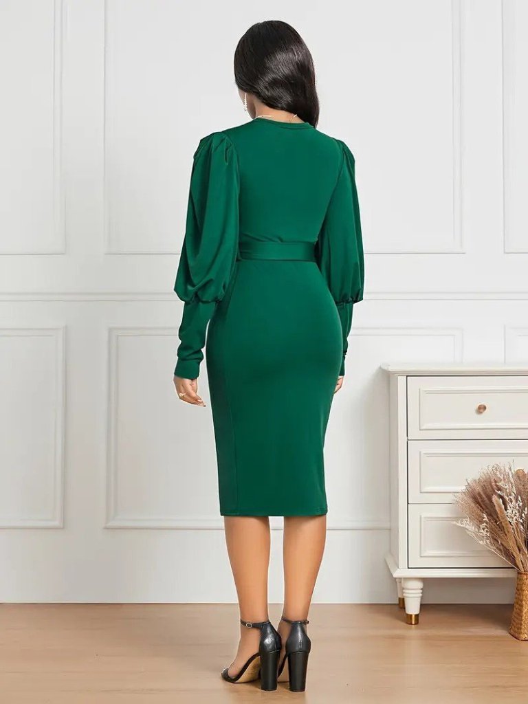 Kadın Uzun Kollu Bisiklet Yaka Beli Kuşaklı Ithal Krep Midi Elbise - Görsel 9