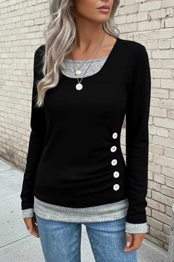 Kadın Uzun Kollu Yuvarlak Yaka Blok Renkli Yandan Düğmeli Viskon Bluz