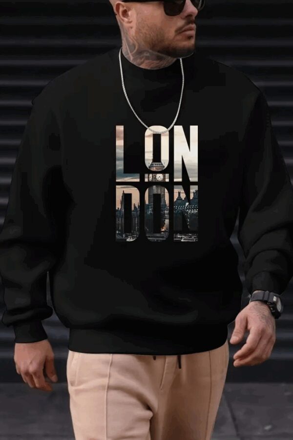 Erkek Uzun Kollu Bisiklet Yaka London Logo Baskılı Iki Iplik Sweat