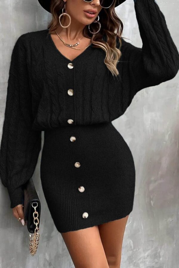 Kadın Uzun Kollu V Yakalı önden Düğmeli Kısa Triko Elbise