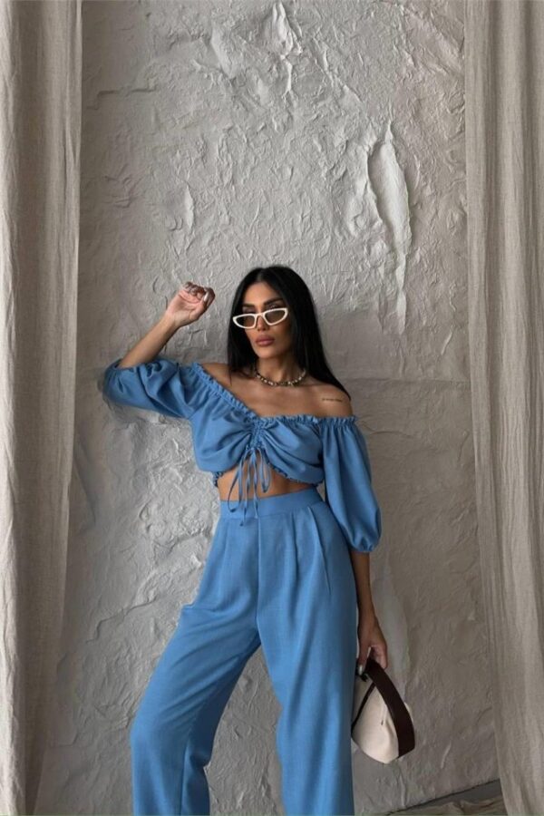 KETEN CROP BLUZ BÜZGÜ YAKA + PANTOLON TAKIM - Mavi