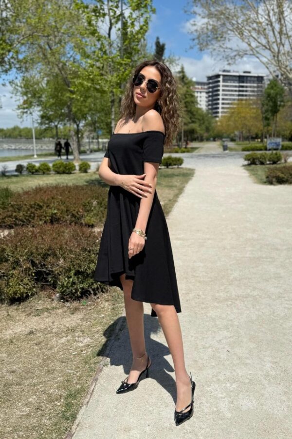 Kadın Kısa Kollu Madonna Yaka önü Kısa Arkası Uzun Ithal Krep Elbise