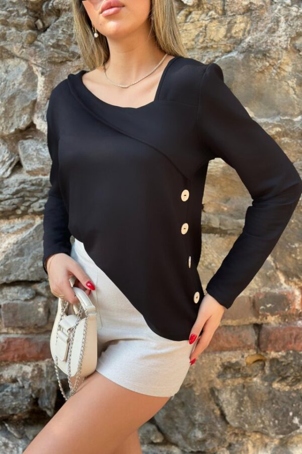 Kadın Uzun Kollu Geometrik Yaka Detay Yandan Düğmeli Viskon Iki Iplik Bluz
