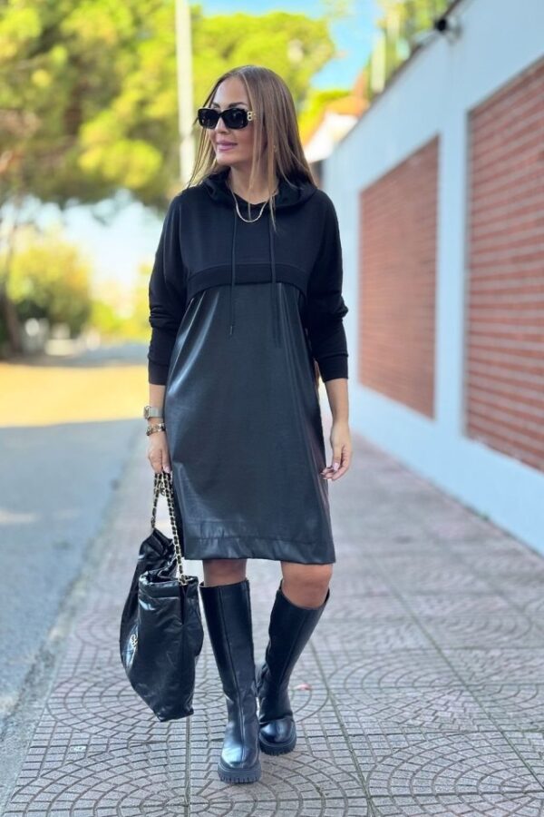 Kadın Uzun Kollu Kapüşon Ve Deri Detay Diz üstü Elbise