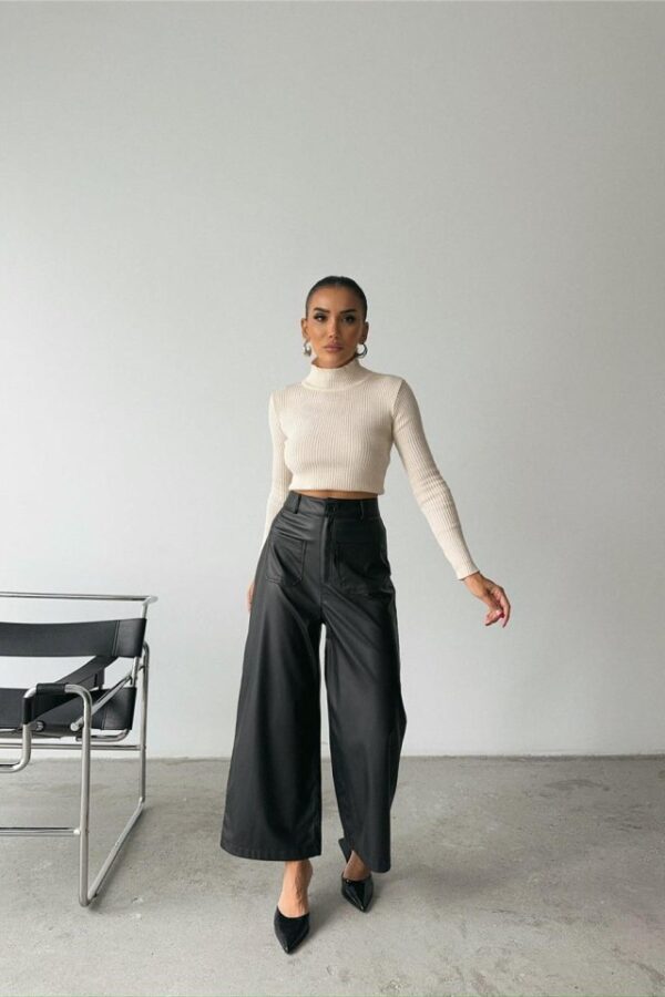 ÖN CEP DETAYLI DERİ PANTOLON - Siyah