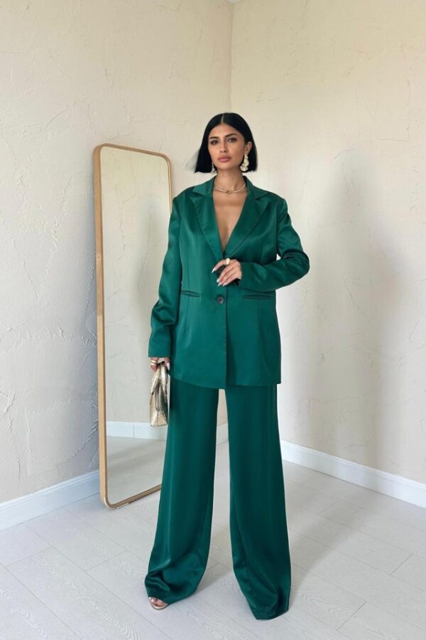 Mavi Saten Ceket Ve Pantolon Takım