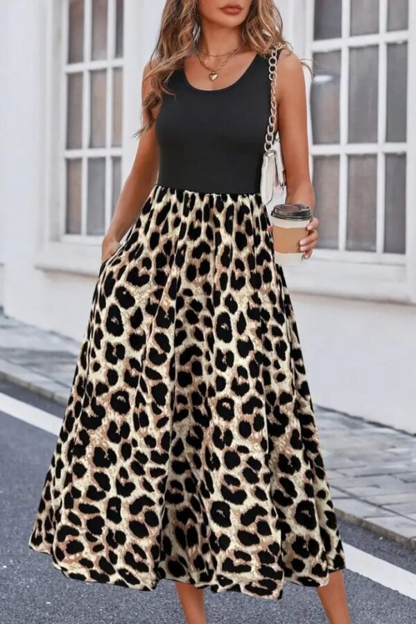 Kadın Askılı Yuvarlak Yaka üst Viskon Alt Leopar Desenli Süprem Uzun Elbise