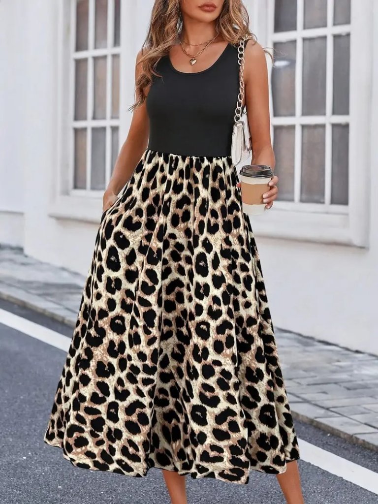 Kadın Askılı Yuvarlak Yaka üst Viskon Alt Leopar Desenli Süprem Uzun Elbise
