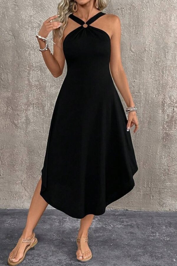 Kadın Boyundan çapraz Askılı Halka Detaylı Asimetrik Kesim Viskon Elbise