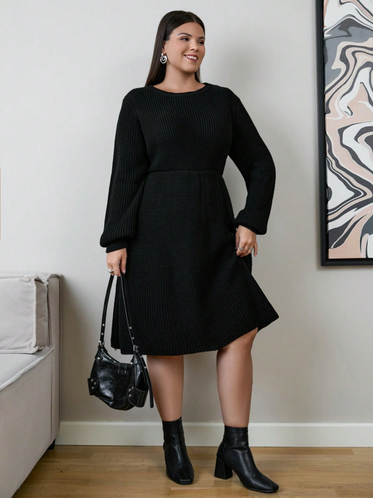 Kadın Uzun Kollu Bisiklet Yaka Eteği Kloş Triko Elbise - Görsel 3