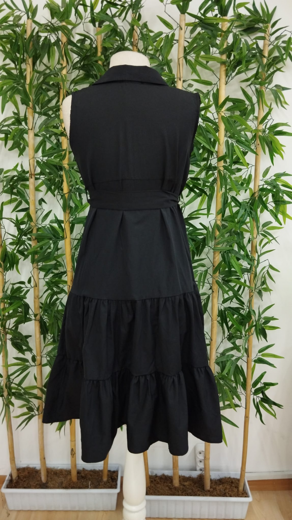 Kadın Kısa Kollu Gömlek Yaka Düğmeli Beli Kuşaklı Katlı Dokuma Midi Elbise - Görsel 8