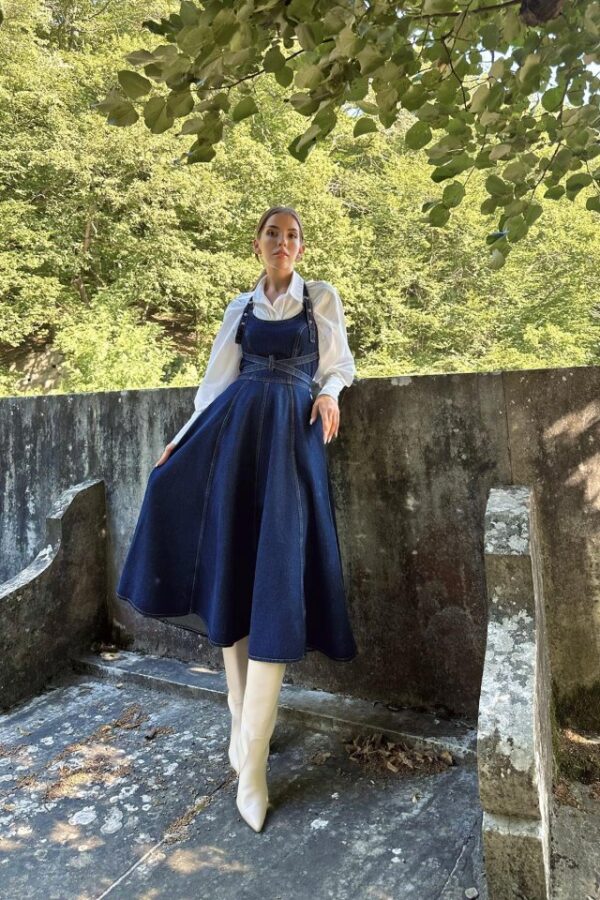 Mavi Midi Boy Bantlı Kot Elbise