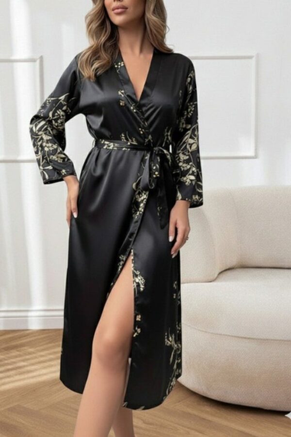 Kadın Uzun Kollu V Yakalı çiçek Baskılı Belden Kuşaklı Midi Saten Gecelik