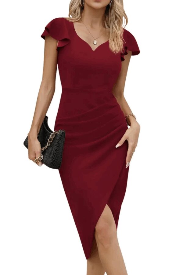 Kadın Kısa Kollu Kalp Yaka Yanlardan Büzgü Detay Midi Ithal Krep Elbise