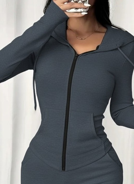 Kadın Uzun Kollu Kapşonlu Bağcıklı önü Fermuarlı Viskon Iki Iplik Bluz Ve Pantolon Ikili Takım - Görsel 2