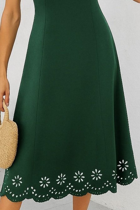 Kadın Kolsuz Etek Ucu Lazer Kesim çiçek Desenli Midi Boy Janjan Krep Elbise - Görsel 11