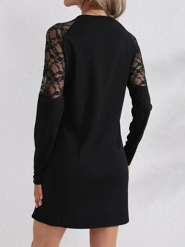 Kadın Uzun Kollu Bisiklet Yaka Dantel Detaylı Visk8n Iki Iplik Düğmeli Mini Elbise - Görsel 6