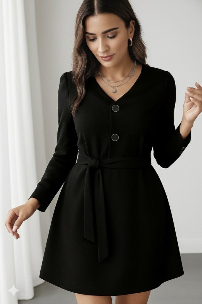 Kadın Uzun Kollu Düğme Detaylı Kendinden Kemerli Ithal Krep Elbise - Görsel 3