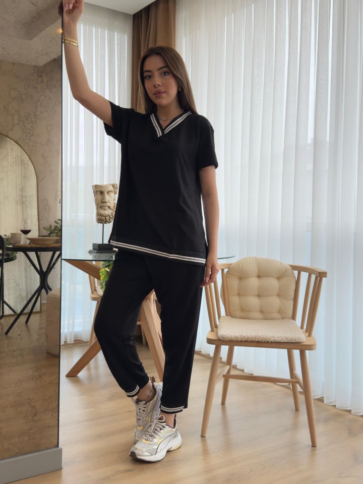 Kadın Kısa Kollu V Yakalı Iki Iplik Bluz Ve Pantolon Ikili Takım - Görsel 4