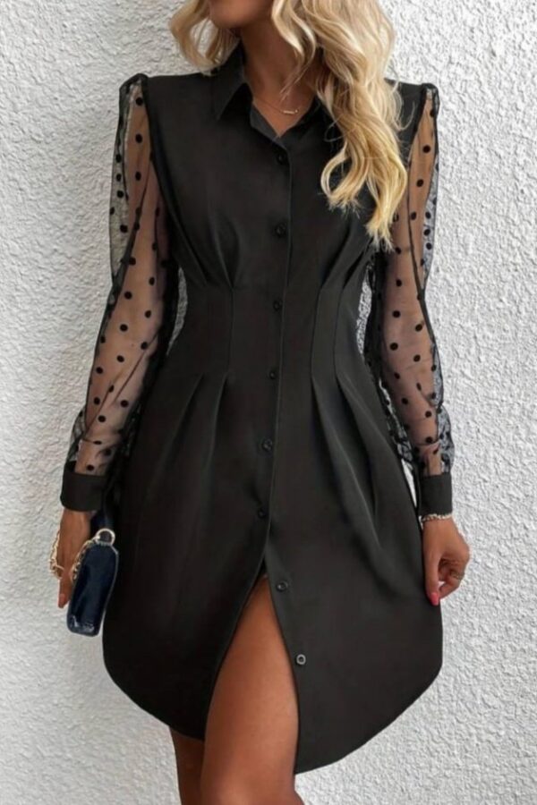 Kadın Uzun Kollu Yakalı Düğmeli Mini Ithal Krep Elbise