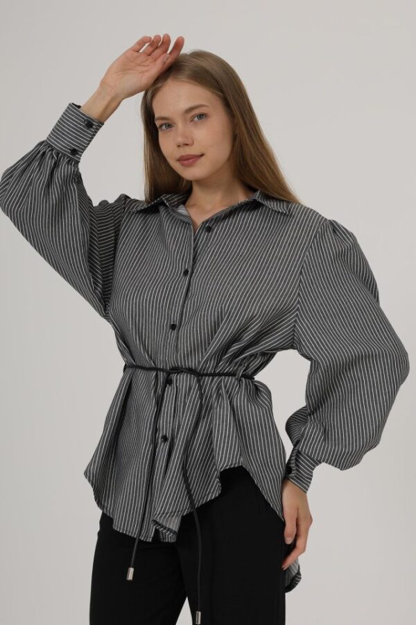 Simli Çizgili Kemerli Gömlek - Beyaz