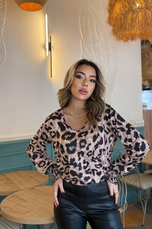 Kadın Uzun Kollu V Yakalı Leopar Desenli Dalgıç Bluz